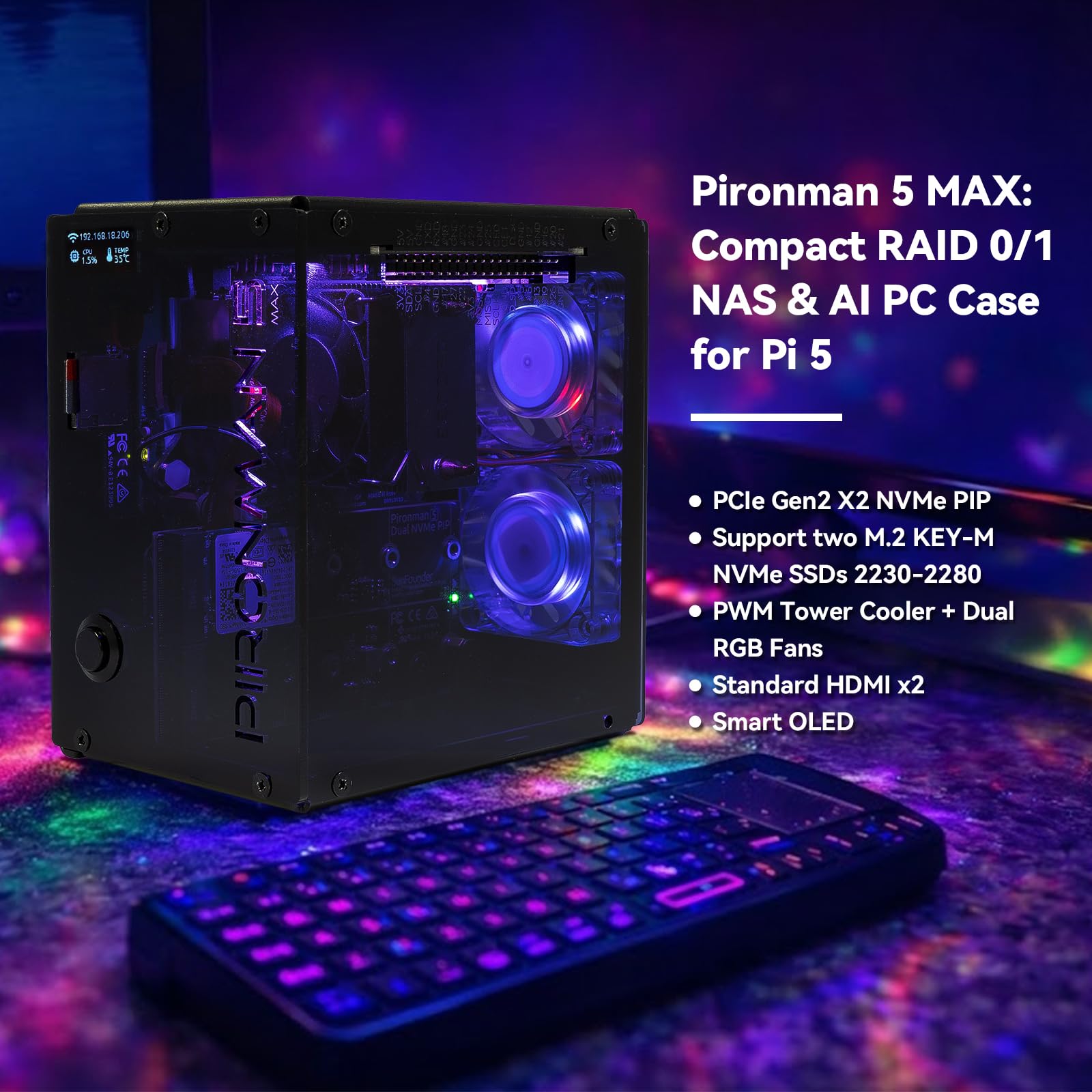Pironman 5-MAX Dual NVMe M.2 S - Raspberry Pi Ai Kit Hailo-8L recension och pris